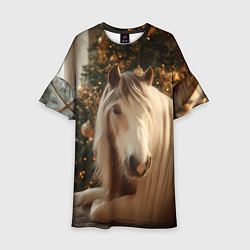 Платье клеш для девочки Белая лошадка лежит у новогодней елки, цвет: 3D-принт