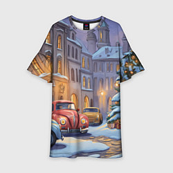 Платье клеш для девочки Новогодний снежный двор, цвет: 3D-принт