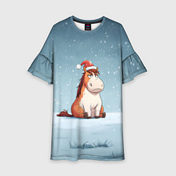 Платье клеш для девочки Лошадь сидит на снегу, цвет: 3D-принт