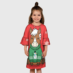 Платье клеш для девочки Новогодняя лошадка в зеленом свитере, цвет: 3D-принт — фото 2