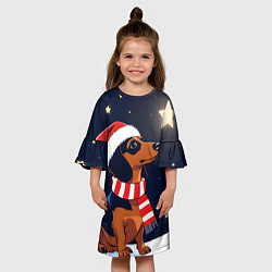Платье клеш для девочки Новогодняя такса и звезды, цвет: 3D-принт — фото 2