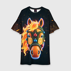 Платье клеш для девочки Новогодняя мандариновая лошадь, цвет: 3D-принт