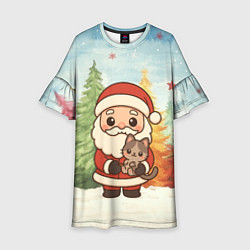 Платье клеш для девочки Санта с котенком, цвет: 3D-принт