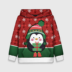 Толстовка-худи детская Пингвин Новый год, цвет: 3D-белый