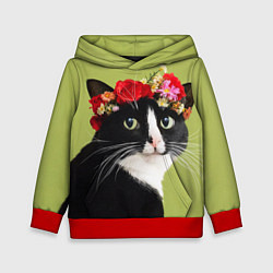 Толстовка-худи детская Кот и цветы, цвет: 3D-красный
