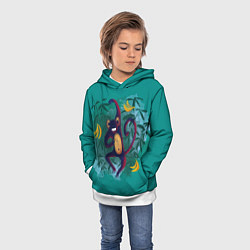 Толстовка-худи детская Веселая обезьяна на бирюзовом фоне, цвет: 3D-белый — фото 2