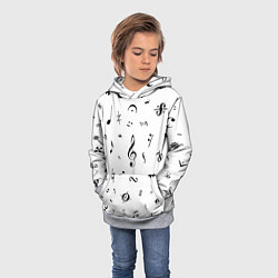Толстовка-худи детская Нотные Знаки Черные на Белом, цвет: 3D-меланж — фото 2