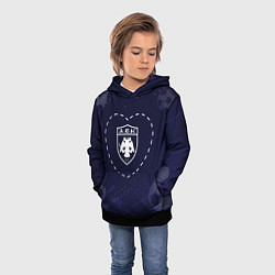 Толстовка-худи детская Лого AEK Athens в сердечке на фоне мячей, цвет: 3D-черный — фото 2