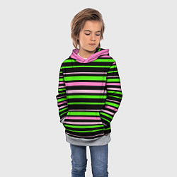 Толстовка-худи детская Полосаты узор в зелено-розовых оттенках на черном, цвет: 3D-меланж — фото 2