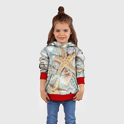Толстовка-худи детская Морские звёзды и ракушки на океанском песке, цвет: 3D-красный — фото 2