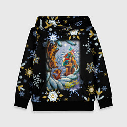 Толстовка-худи детская Новый год белка с бельчатами, цвет: 3D-черный
