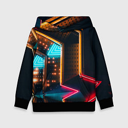Толстовка-худи детская Неоновые огни на геометрических поверхностях, цвет: 3D-черный
