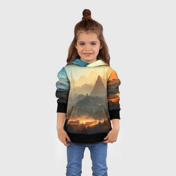 Толстовка-худи детская Рассвет в горах, пейзаж, цвет: 3D-черный — фото 2