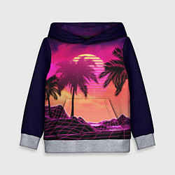 Толстовка-худи детская Пальмы и пляж в розовом закате ретро дизайн, цвет: 3D-меланж