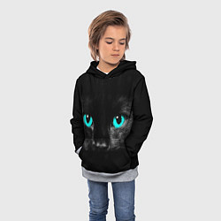 Толстовка-худи детская Чёрный кот с бирюзовыми глазами, цвет: 3D-меланж — фото 2
