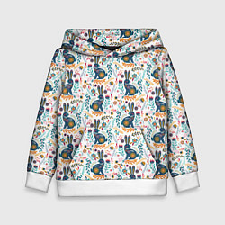 Толстовка-худи детская Новогодний паттерн - Кролики и веточки, цвет: 3D-белый