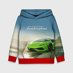 Толстовка-худи детская Ламборджини на берегу океана, цвет: 3D-красный