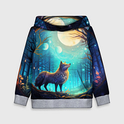 Толстовка-худи детская Волк в ночном лесу в folk art стиле, цвет: 3D-меланж