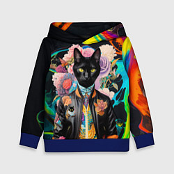 Толстовка-худи детская Модный чёрный кот - нейросеть - мода, цвет: 3D-синий