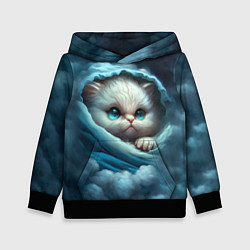 Толстовка-худи детская Котик в одеяльце в облаках, цвет: 3D-черный