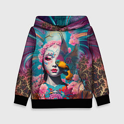 Толстовка-худи детская Japanese girl with a bird - irezumi, цвет: 3D-черный