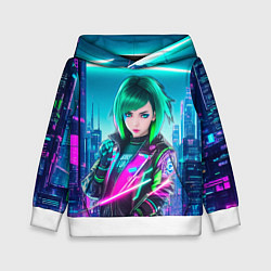 Толстовка-худи детская Девушка с зелеными волосами киберпанк, цвет: 3D-белый
