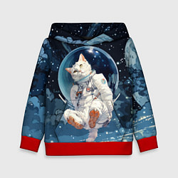 Толстовка-худи детская Белый кот космонавт в невесомости, цвет: 3D-красный