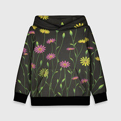 Толстовка-худи детская Полевые цветочки на темном фоне, цвет: 3D-черный