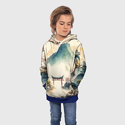 Толстовка-худи детская Японский пейзаж - акварель, цвет: 3D-синий — фото 2