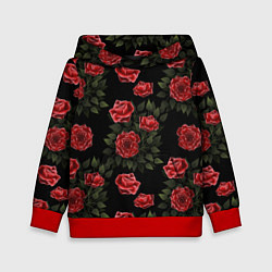 Толстовка-худи детская Красные розы на черном - паттерн, цвет: 3D-красный