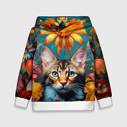 Толстовка-худи детская Дикая кошка в цветах, цвет: 3D-белый