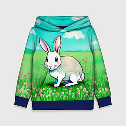 Толстовка-худи детская Заяц на лугу рисунок, цвет: 3D-синий