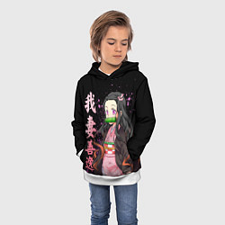 Толстовка-худи детская Незуко комадо и иероглифы - клинок, цвет: 3D-белый — фото 2