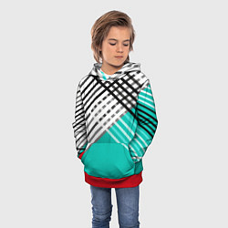 Толстовка-худи детская Черно-белые переплетенные полосы на бирюзовом фоне, цвет: 3D-красный — фото 2