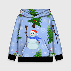 Толстовка-худи детская Снеговики с новогодними елками паттерн, цвет: 3D-черный