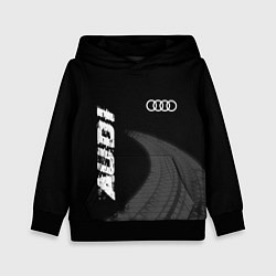 Толстовка-худи детская Audi speed на темном фоне со следами шин вертикаль, цвет: 3D-черный