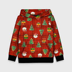 Толстовка-худи детская Елочки и Санта - паттерн красная клетка, цвет: 3D-черный