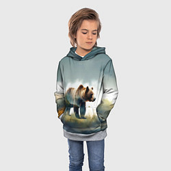 Толстовка-худи детская Минималистичный пейзаж с медведем акварель, цвет: 3D-меланж — фото 2