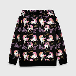 Толстовка-худи детская Единорог цветная грива, цвет: 3D-черный