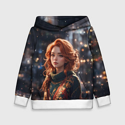 Толстовка-худи детская Девушка в новогодней кофте, цвет: 3D-белый