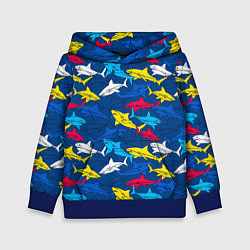 Толстовка-худи детская Разноцветные акулы на глубине, цвет: 3D-синий