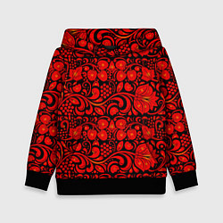 Толстовка-худи детская Хохломская роспись красные цветы и ягоды на чёрном, цвет: 3D-черный