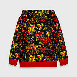 Толстовка-худи детская Хохломская роспись золотистые листья чёрном фоне, цвет: 3D-красный