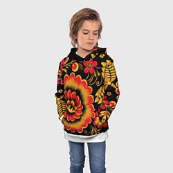 Толстовка-худи детская Хохломская роспись красно-жёлтые цветы на чёрном ф, цвет: 3D-белый — фото 2
