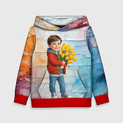 Толстовка-худи детская Мальчик с букетом тюльпанов, цвет: 3D-красный