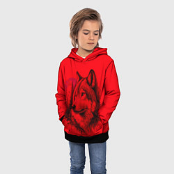 Толстовка-худи детская Рисунок волка на красном, цвет: 3D-черный — фото 2