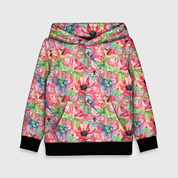 Толстовка-худи детская Синицы и маки на розовом, цвет: 3D-черный