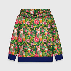 Толстовка-худи детская Летний котик с коктейлем в тропических цветах, цвет: 3D-синий