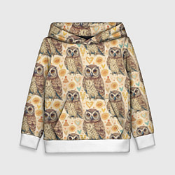 Толстовка-худи детская Совы милые в паттерне, цвет: 3D-белый