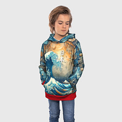Толстовка-худи детская Коллаж с Японской волной - нейросеть, цвет: 3D-красный — фото 2